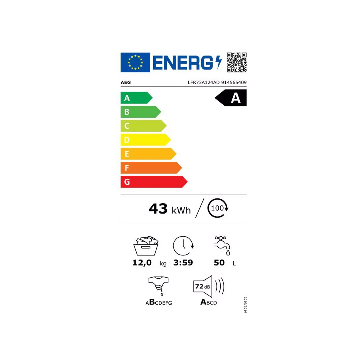 Lave linge hublot AEG LFR73A124AD - 12kg - 1400tr/min - Classe A - Moteur Inverter - Dosage auto - Vapeur - Connecté MAG ELECTROMENAGER