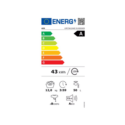 Lave linge hublot AEG LFR73A124AD - 12kg - 1400tr/min - Classe A - Moteur Inverter - Dosage auto - Vapeur - Connecté MAG ELECTROMENAGER