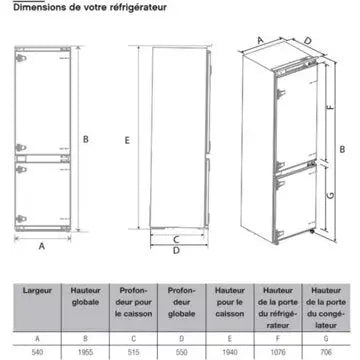 Réfrigérateur combiné encastrable 							ESSENTIELB				ERCVI200-55miB1 194cm